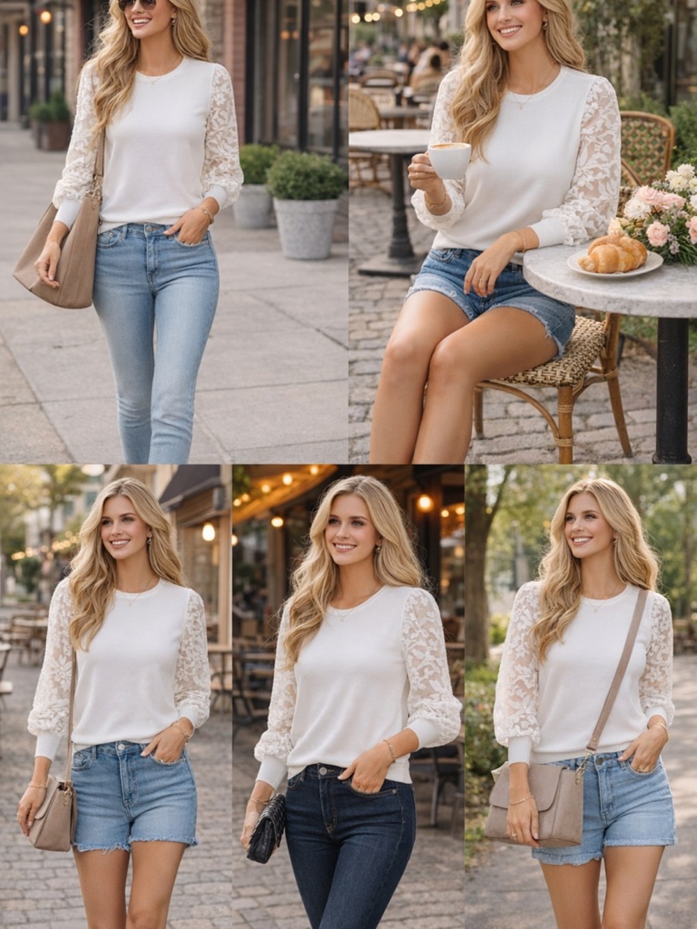 Women's White Crewneck Sweater with Lace Sleeves